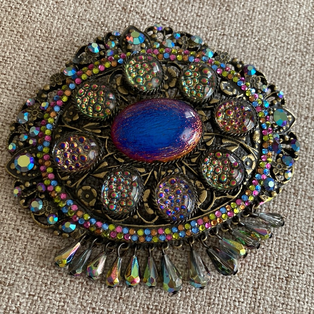 Vintage Jay Strongwater pendant/pin in iridescent colors and teardrop dangles.